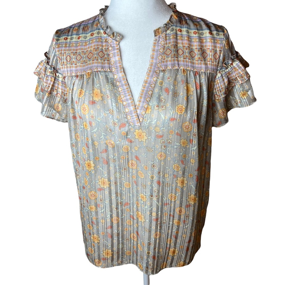 Anthropologie Current Air Sheer Paisley & Floral Metallic Thread Top Size Small